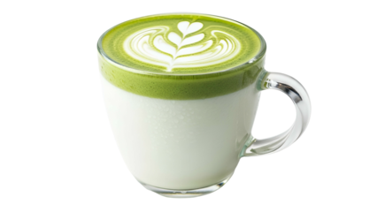 Green Matcha Latte Art in Clear Glass Cup on Transparent Background