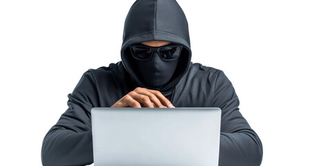 Hooded figure using a laptop on Transparent Background