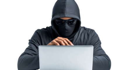 Hooded figure using a laptop on Transparent Background