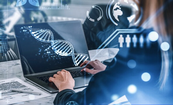 Person working on DNA analysis on laptop with scientific interface overlay, modern digital style, in lab background. Concept of genetic data research