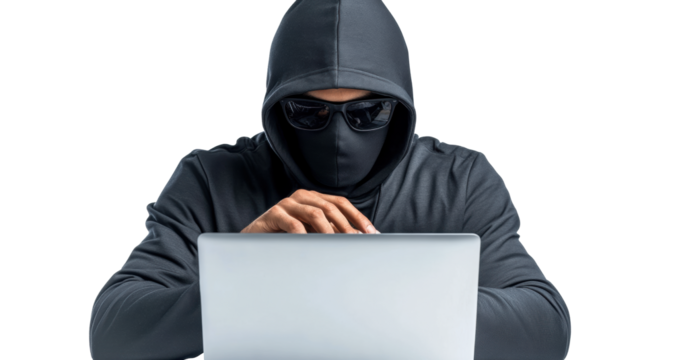 Hooded figure using a laptop on Transparent Background - Powered by Adobe