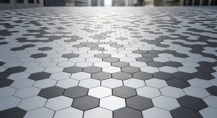 A modern ground surface composed of hexagonal tiles in light and dark grey. The geometric pattern creates depth, extending towards a blurred urban backdrop. Ideal for architectural, technology, and ab
