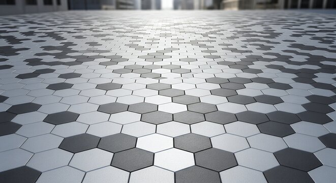 A modern ground surface composed of hexagonal tiles in light and dark grey. The geometric pattern creates depth, extending towards a blurred urban backdrop. Ideal for architectural, technology, and ab