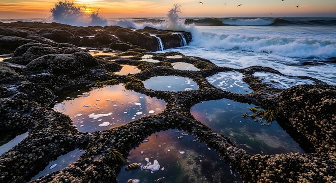 Coastal tide pools reflecting a sunset and ocean waves - Powered by Adobe