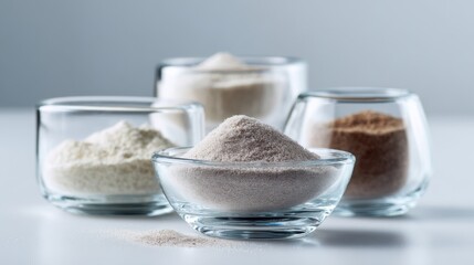 Assorted grain flours in glass bowls on white surface with blue backdrop