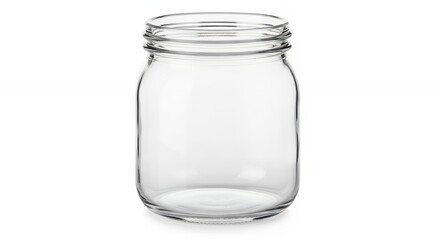 A pristine, empty glass jar stands upright, meticulously isolated against a clean white background. Its transparent body beautifully showcases the subtle reflections and pristine clarity of the materi