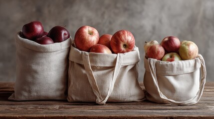 Eco-friendly cotton bags filled with fresh red and green apples on wooden table