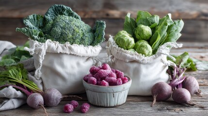 Fresh organic vegetables display: broccoli, brussels sprouts, beets, raspberries in rustic setting