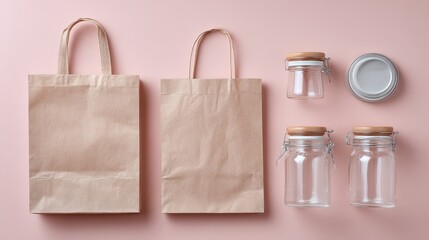 Eco-friendly packaging with reusable glass jars and kraft paper bags on pink background