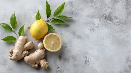 Fresh lemon and ginger with green leaves on light textured background