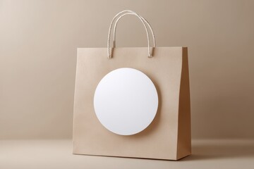 Beige paper shopping bag with blank circle label on neutral background