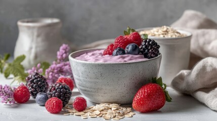 Delicious berry yogurt with fresh strawberries and oats