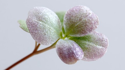 Close-up of frosty green and purple leaves with delicate texture