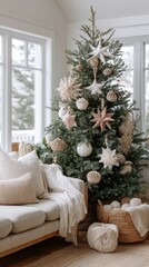 Elegant bohemian christmas tree with neutral decorations in cozy living room