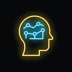 Glowing neon icon of a human head silhouette containing a growing line chart, representing business analysis and planning