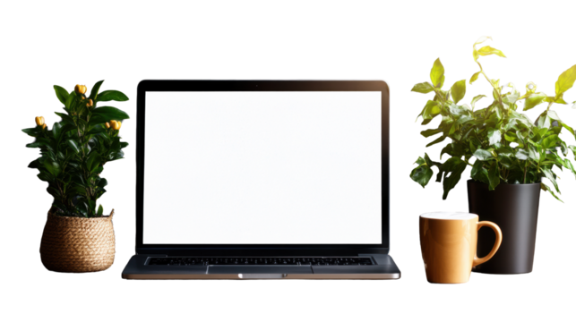 Laptop with coffee and plants on Transparent Background