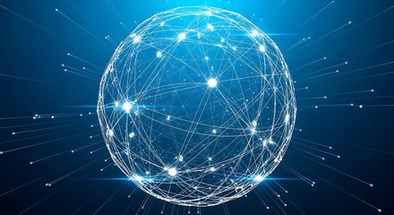 Futuristic Global Network Sphere with Glowing Data Connections and Radiant Particles on a Blue Background, Symbolizing Technology and Connectivity