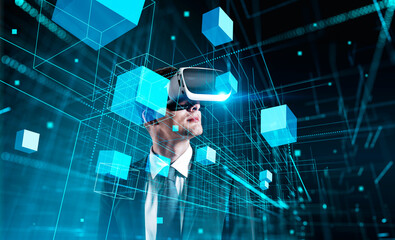 Man in suit wearing VR headset surrounded by glowing blue cubes and wireframe structures, digital abstract background, concept of virtual technology