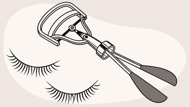 Eyelash curler and lashes beauty tool makeup accessory cosmetic item graphic design vector illustration simple elegant stylish minimalist black and white line art isolated white back.