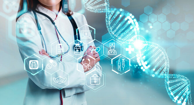 Female doctor with stethoscope, futuristic medical icons, DNA strand glow, blue abstract background. Concept of modern healthcare and medical innovation