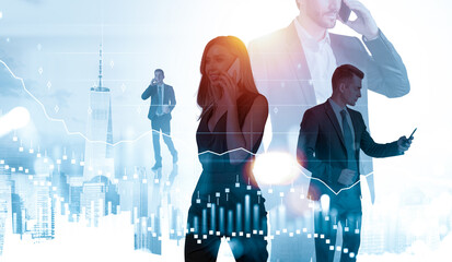 Businesspeople on phones and using devices over a city skyline with graph overlays, modern double exposure style on bright background, concept of finance