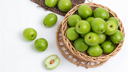 Green Jujubes in basket on white surface isolated on white background Top View
