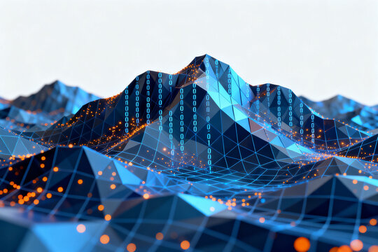 Digital mountain landscape with binary code