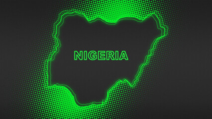 Neon Green Nigeria Map Outline Futuristic Digital Glow Halftone Illustration