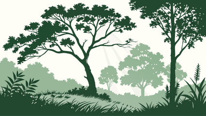 Silhouette of Trees and Grass in a Forest Scene Nature Illustration Green Tones Vector Art.