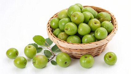 Green Jujube in basket on white surface isolated on white background