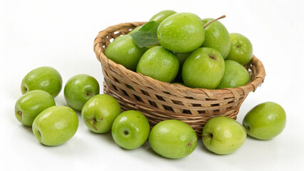 Green Jujubes in wicker basket on white surface isolated on white background