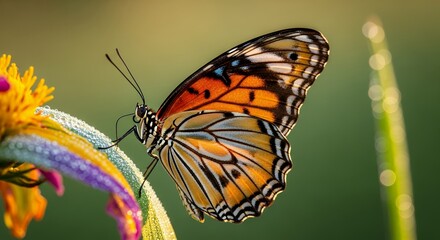 Fototapeta premium A stunning macro close-up captures a vibrant butterfly with intricately patterned orange, black, and white wings delicately perched on a dew-kissed flower. The petals, displaying rich yellow and subtl