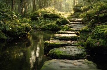 Serene forest scene with moss-covered rocks and a gentle stream in natural sunlight