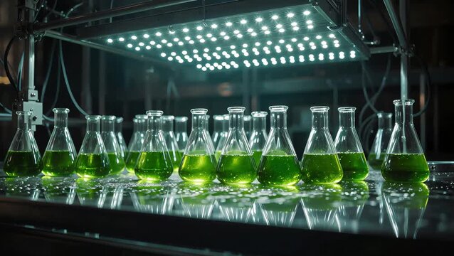 Row of emerald green algae flasks illuminated by LED grow lights in dark laboratory, showing biotechnological cultivation, biofuel research, and futuristic sustainable science environment.