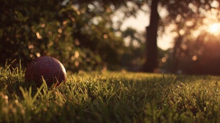 Serene rural landscape with lush grass, trees, and warm sunset lighting