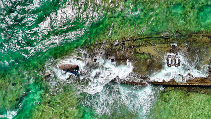 Aerial view of Mildura Wreck shipwreck on the coast of Exmouth, Western Australia from above