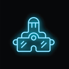 Blue neon icon of a vr headset glowing against a black background, symbolizing the immersive experience of virtual reality