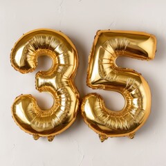 Shiny gold foil balloons shaped as the number thirty five on a plain light