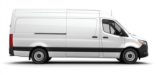 Side view of a large white cargo van with black accents and tinted