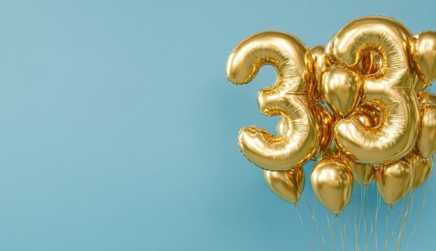 Shiny golden balloons shaped as number thirty three floating against a blue