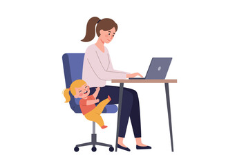 Woman at desk with laptop child clings to chair