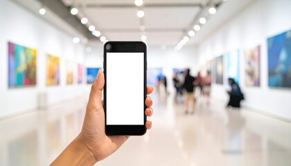 Hand holding smartphone with white screen in art gallery.