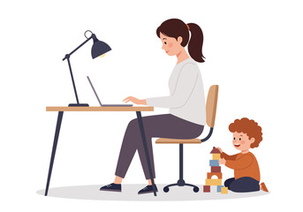 A woman works on a laptop at a desk while a child plays with building blocks next to her chair