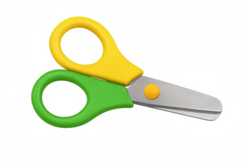 Kids safety scissors with yellow and green plastic handles for school supplies and craft projects, transparent background