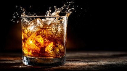 Refreshing cocktail with ice splashing in a glass on a wooden table in low light on black background with copyspace
