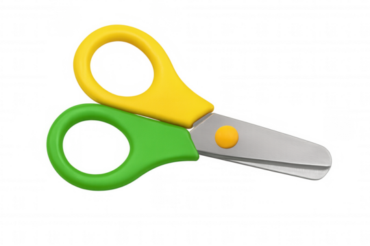 Kids safety scissors with yellow and green plastic handles for school supplies and craft projects, transparent background