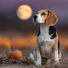 Beagle sits calmly in a pumpkin patch under a full moon at dusk, showcasing its curiosity and playful spirit