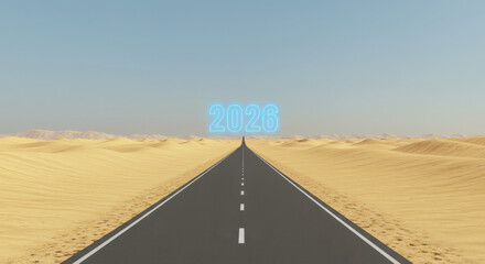 Minimal vision: desert road meets horizon, bright year numbers in daylight