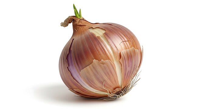 A single red onion with a green sprout growing from the top isolated on a white background - Powered by Adobe