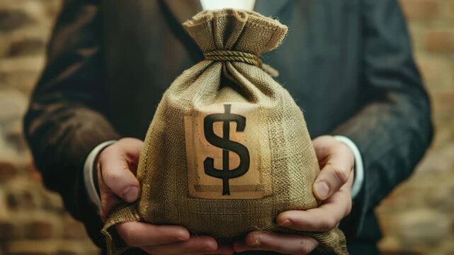 A person's hand is holding a duffle bag full of US dollars.